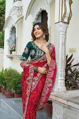 Bhadhni Print With Gota Patti Work Red Color Saree