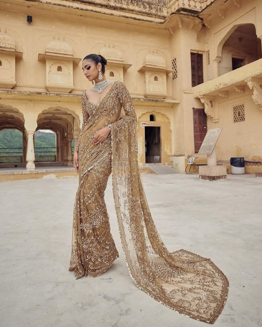 Designer Embroidery Work Golden Color Designer Saree