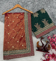 Designer Cording Embroidery Work Orange Color Saree