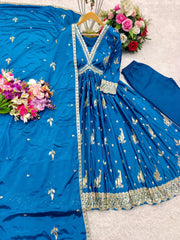 Flattering Embroidery Sequence Work Blue Color Gown