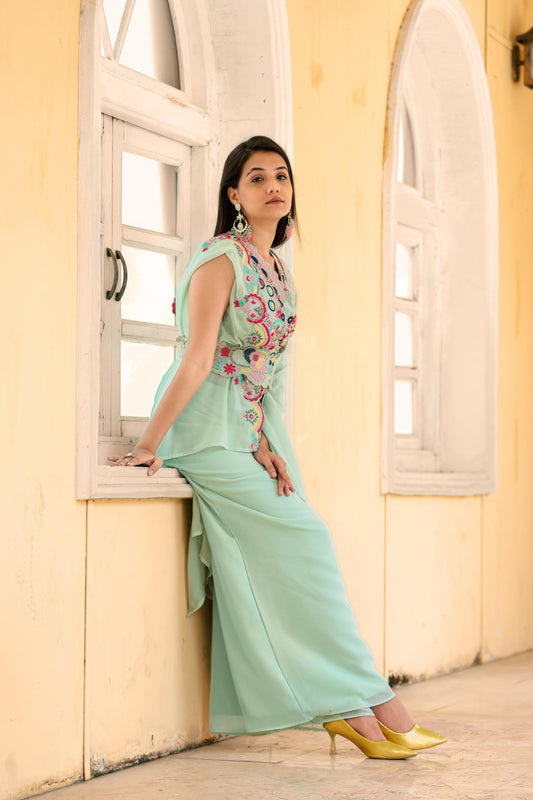 Beautiful Embroidery Work Pista Color Palazzo Suit With Koti