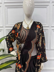 Designer Embroidery Work Black Color Ready To Wear Saree With Koti
