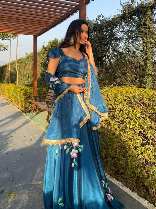 Wonderful Chinon Silk Blue Color Lehenga Choli