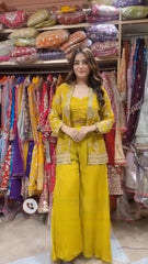 Haldi Wear Yellow Color Palazzo Suit  With Work Koti