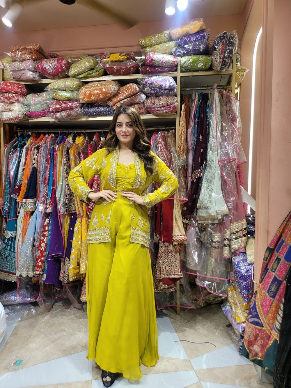 Haldi Wear Yellow Color Palazzo Suit  With Work Koti