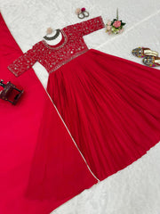Attractive Chinon Silk Real Mirror Work Red Color Gown