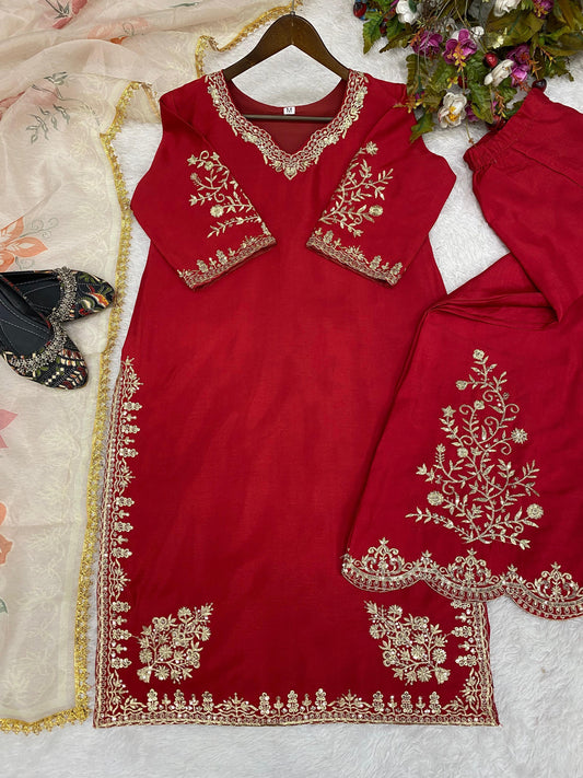 Stunning Chinon Embroidery Work Red Color Sharara Suit