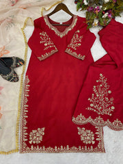 Stunning Chinon Embroidery Work Red Color Sharara Suit