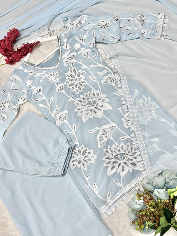 Ravishing Sky Blue Georgette Embroidery Palazzo Suit