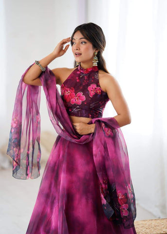 Glorious Pink Color Digital Printed Organza Lehenga