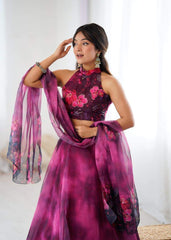 Glorious Pink Color Digital Printed Organza Lehenga