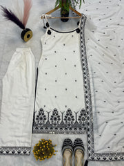 Glorious White Cotton Silk Embroidery Palazzo Suit