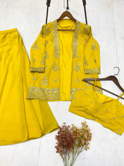 Haldi Wear Yellow Color Palazzo Suit  With Work Koti