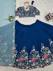 Designer Chinon Silk Sequence Work Blue Color Lehenga Choli