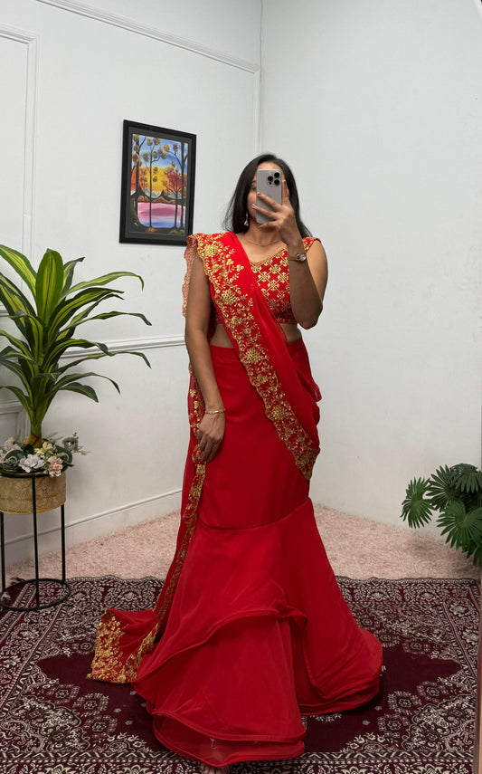 Outstanding Faux Georgette Red Color Lehenga Saree