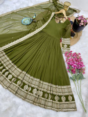 Demanding Georgette Embroidery Work Mehndi Color Gown