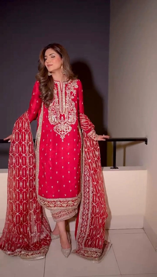 Heavy Work Red Color Roman Silk Salwar Suit