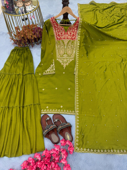 Good Looking Sequence Work Perrot Green Color Sharara Suit