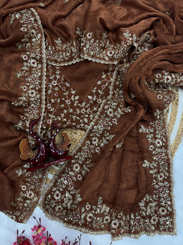 Designer Embroidery Work Brown Color Saree