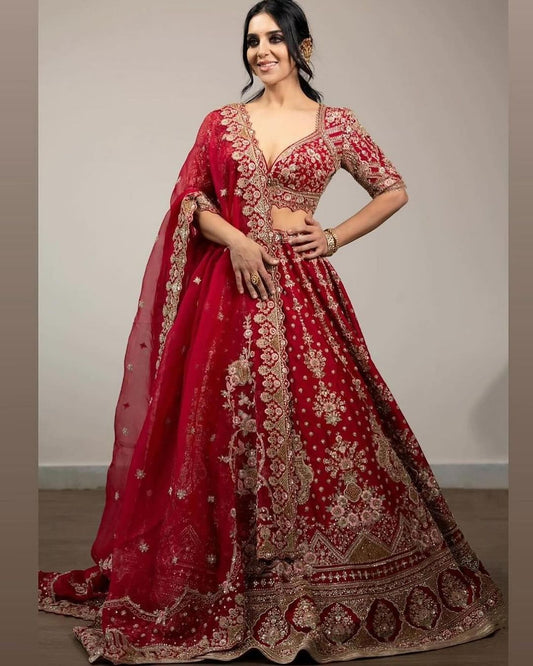 Occasion Wear Malai Satin Red Color Bridal Lehenga Choli