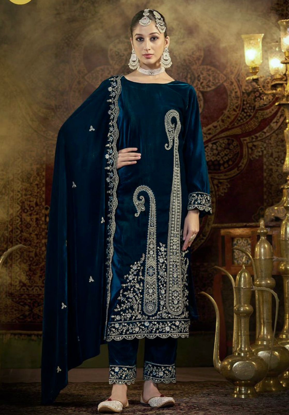 Exclusive Blue Velvet with Embroidery Work Palazzo Suit