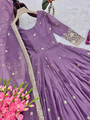 Alluring Purple Heavy Diamond Silk Embroidery Work Gown