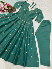Adorable Green Simmer Silk Embroidery Anarkali Suit