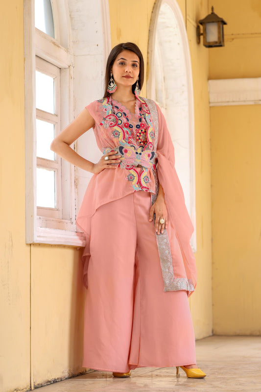 Beautiful Embroidery Work Pink Color Palazzo Suit With Koti
