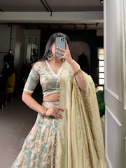 Designer Tussar Silk Cream Color Lehenga Choli