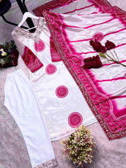 Marvelous White Silk Embroidery Work Palazzo Suit