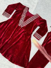 Function Wear Velvet Red Color Top With Pent