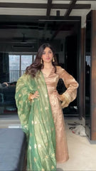 Blissful Embroidery Work Beige Color Salwar Suit With Green Dupatta