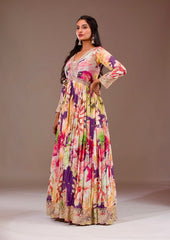 Pretty Multi Color Chinon Silk Embroidery Work Gown