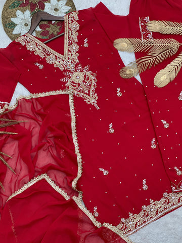 Ravishing Red Georgette Embroidery Palazzo Suit