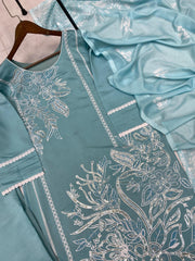 Lovely Blue Roman Silk Sequence Work Palazzo Suit