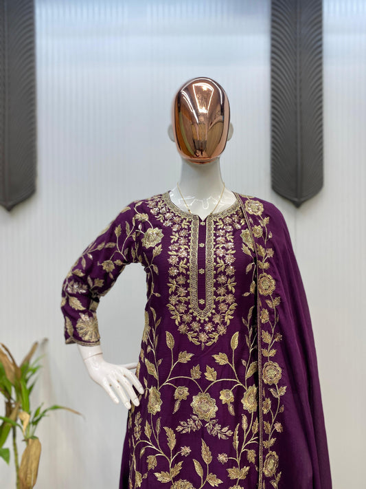 Wine Color Embroidered Chinon Palazzo Suit