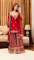 Elegant Embroidery Work Red Color Sharara Suit