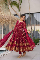 Attractive Maroon Jacquard Weaving Anarkali Suit