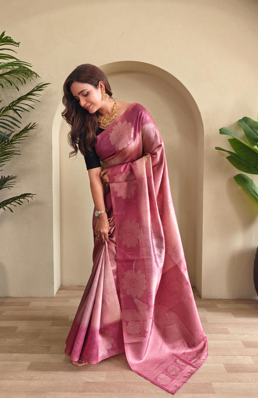 Wonderful Pink Color Flower Print Silk Saree