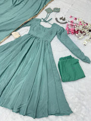 Fabulous Chinnon Silk Aqua Green Color Anarkali Gown