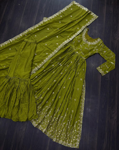 Wedding & Party Wear Embroidered Work Perrot Color Sharara Suit