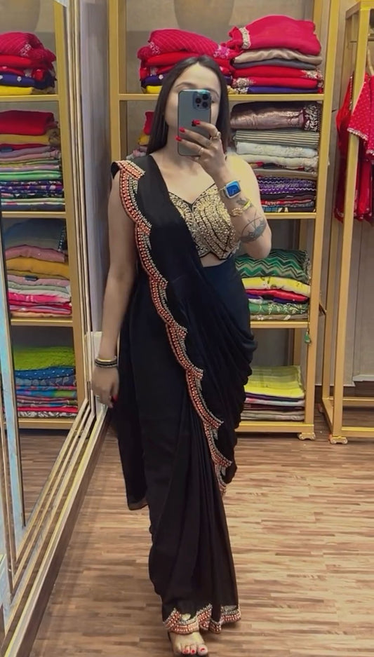 Designer Embroidery Work Black Color Ready To Wear Saree With Koti