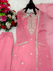 Exclusive Pink Georgette Sequence Work Straight Suit