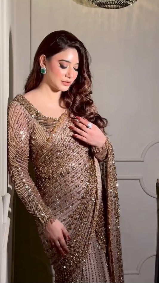 New Party Wear Beige Color Sequence Work Saree
