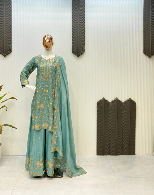 Rama Color Embroidered Chinon Palazzo Suit