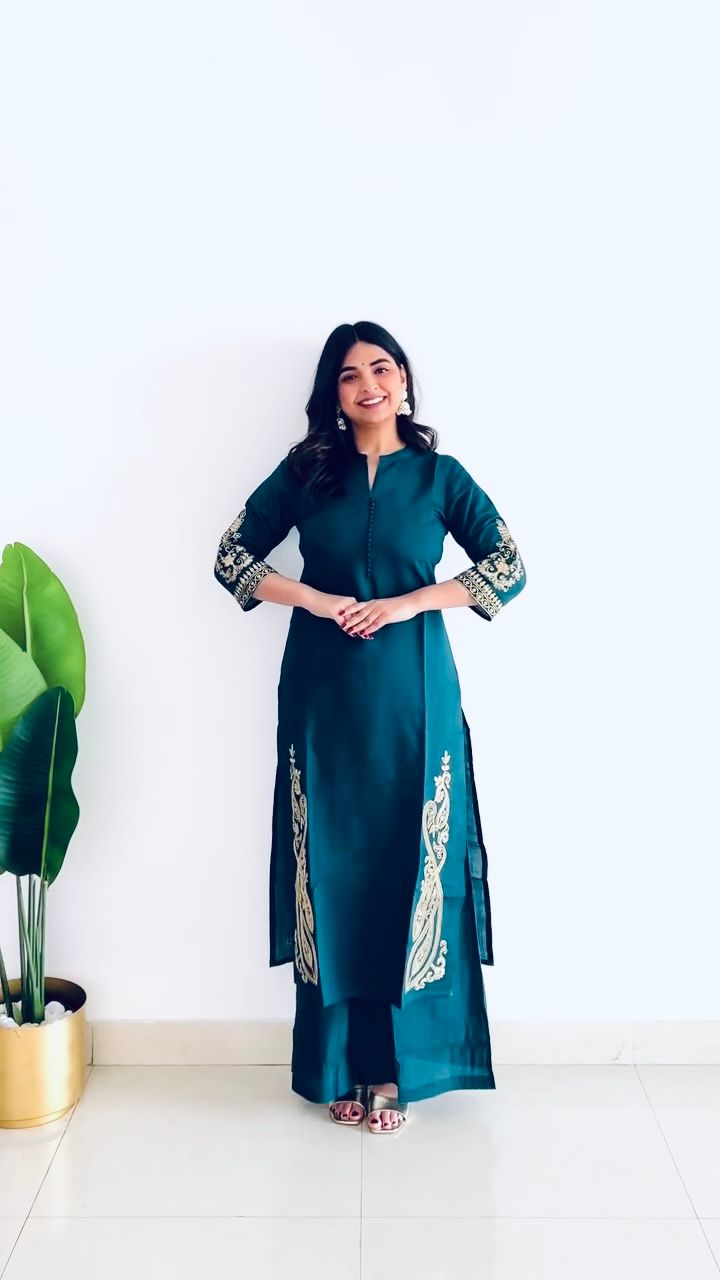 Roman Silk Full Stitched Blue Color Top With Palazzo