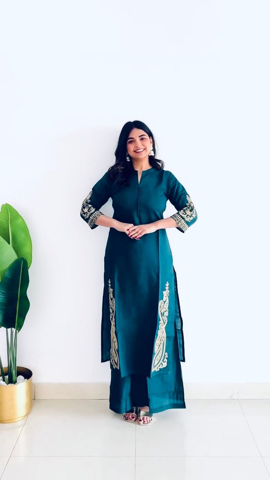 Roman Silk Full Stitched Blue Color Top With Palazzo