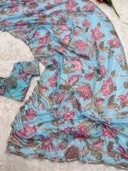 Mirror Work Sky Blue Color Printed Party Wear Saree