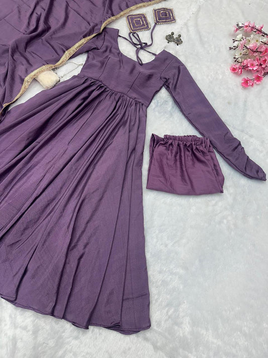 Fabulous Chinnon Silk Lavender Color Anarkali Gown