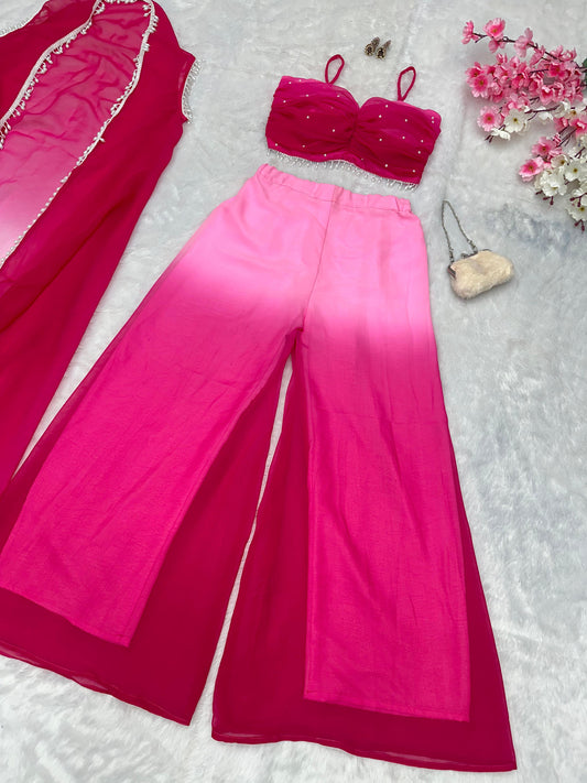 Unique Double Shaded Pink Color Palazzo Top With Shrug